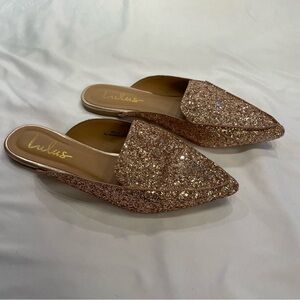Lulus Joelle Rose Gold Glitter Pointed-Toe‎ Mules Women’s Size 7 Slide On Shoes